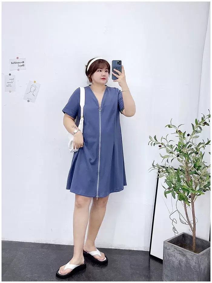 150kg Plus Size V-Neck Zipper Dress Blue — feature 16