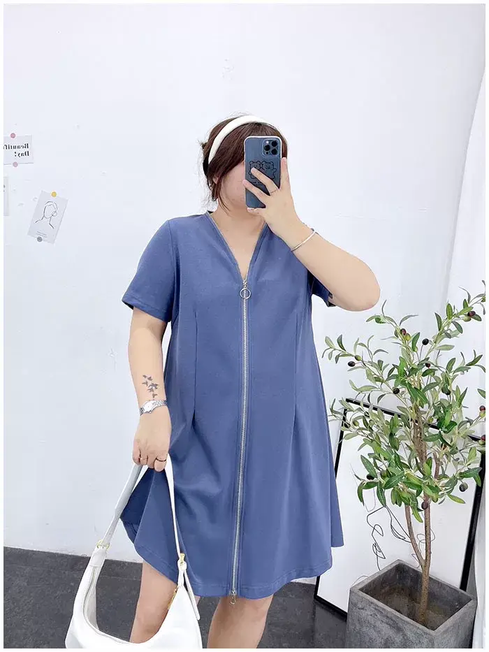 150kg Plus Size V-Neck Zipper Dress Blue — feature 18