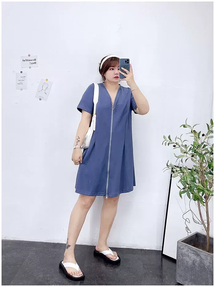 150kg Plus Size V-Neck Zipper Dress Blue — feature 19