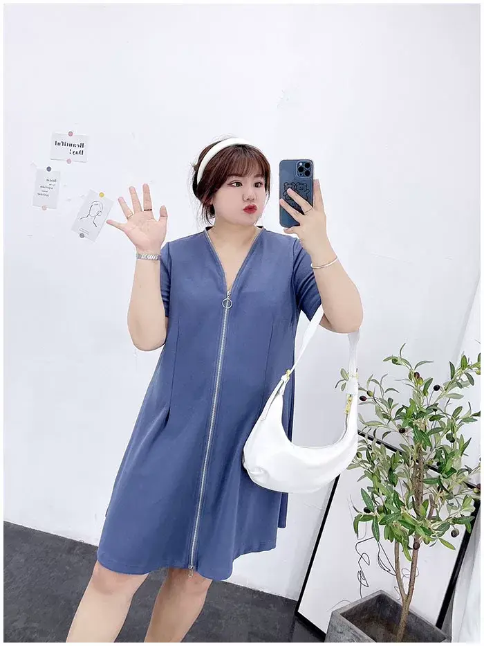 150kg Plus Size V-Neck Zipper Dress Blue — feature 20