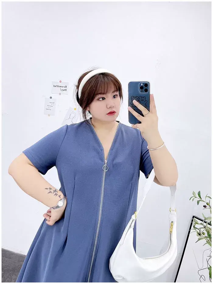 150kg Plus Size V-Neck Zipper Dress Blue — feature 21