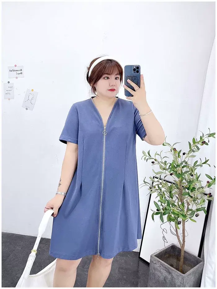 150kg Plus Size V-Neck Zipper Dress Blue — feature 22