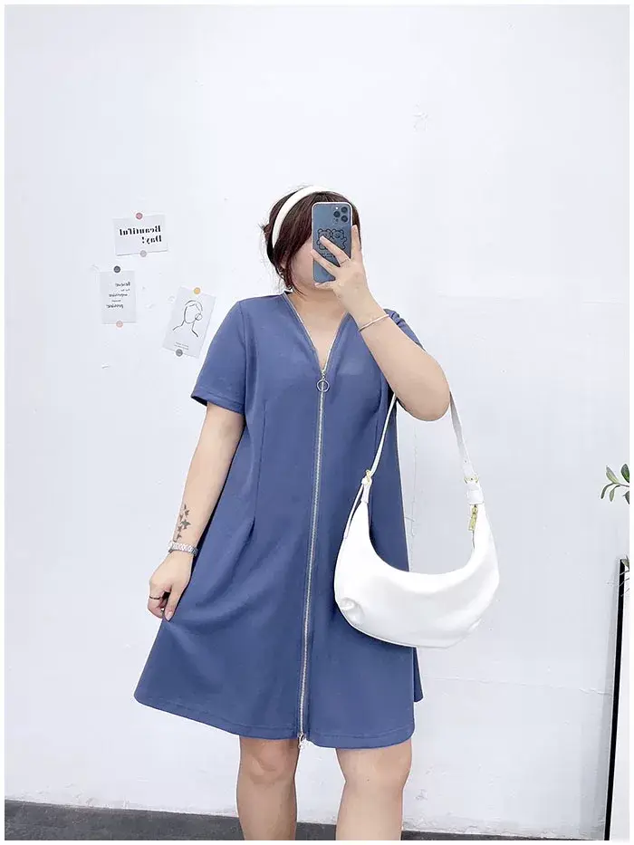 150kg Plus Size V-Neck Zipper Dress Blue — feature 23