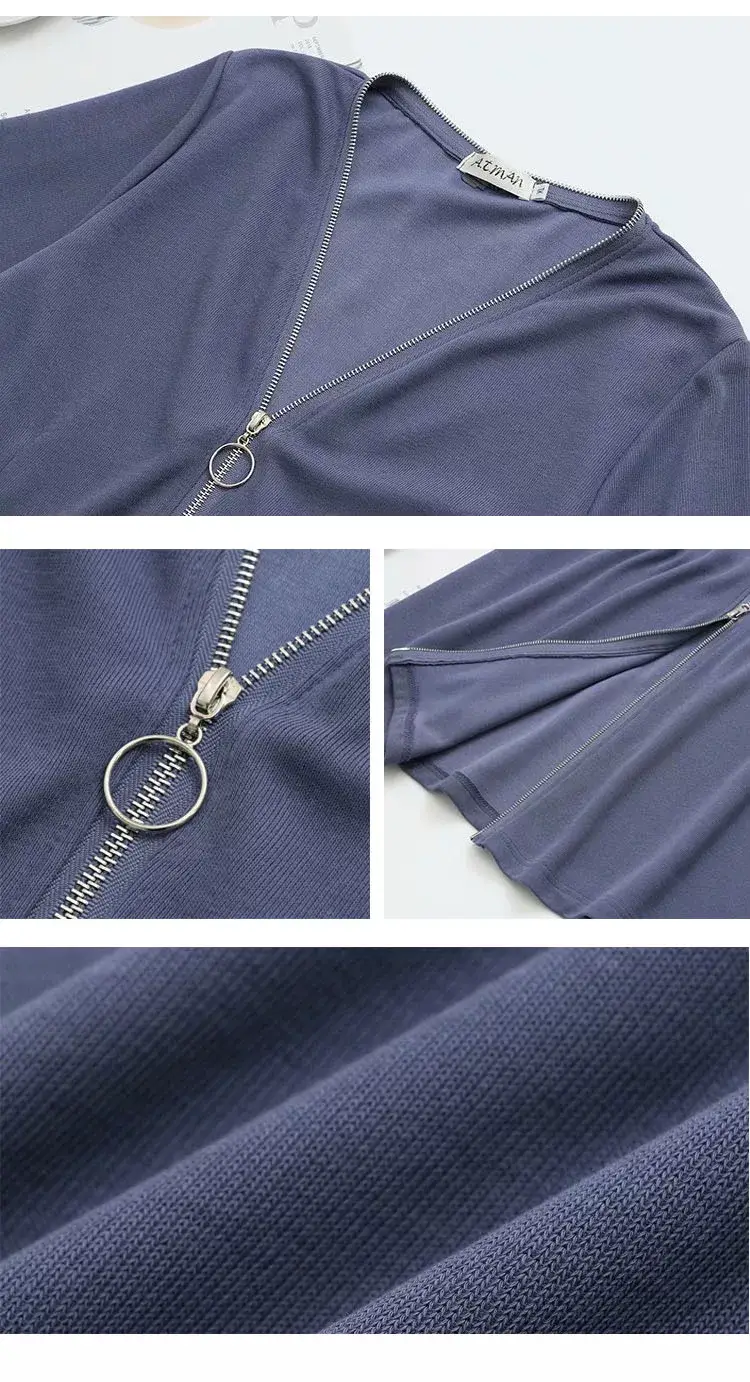 150kg Plus Size V-Neck Zipper Dress Blue — feature 4