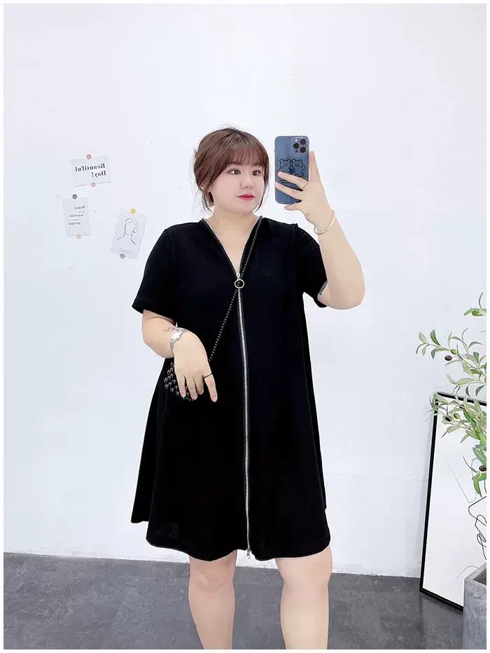 150kg Plus Size V-Neck Zipper Dress Blue — feature 5