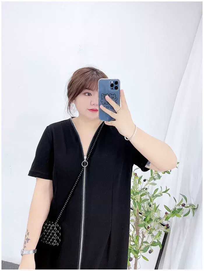 150kg Plus Size V-Neck Zipper Dress Blue — feature 6