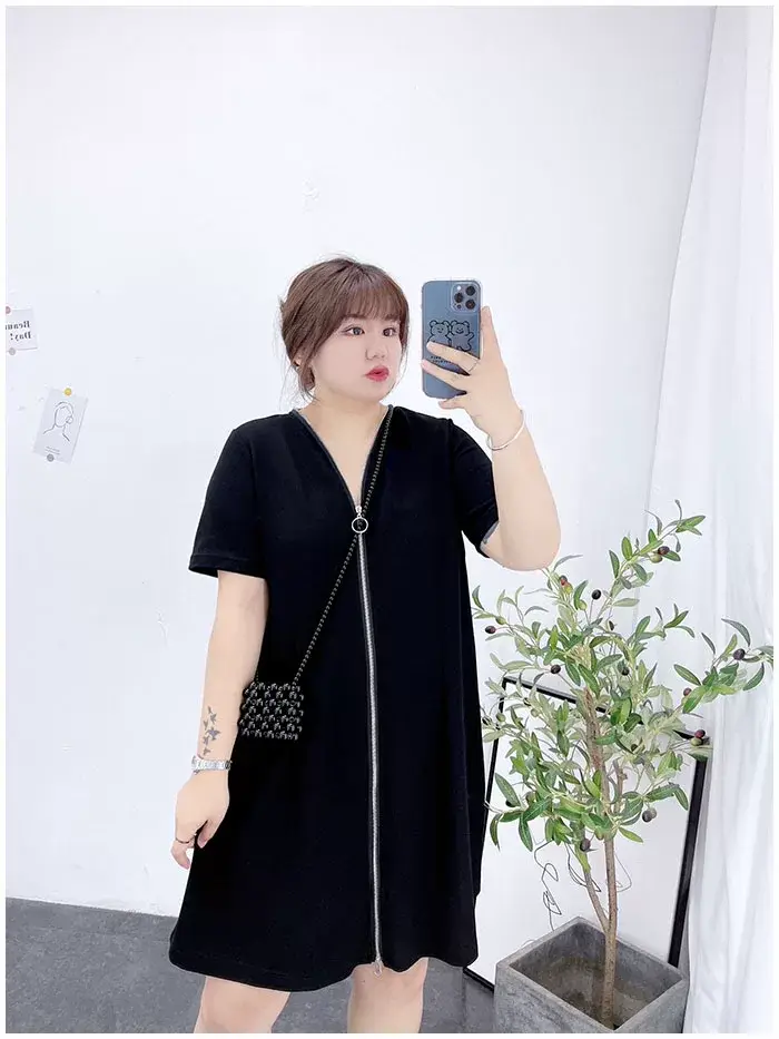 150kg Plus Size V-Neck Zipper Dress Blue — feature 7