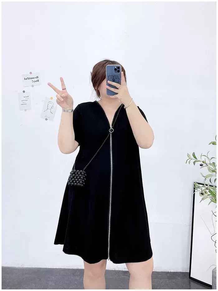 150kg Plus Size V-Neck Zipper Dress Blue — feature 8