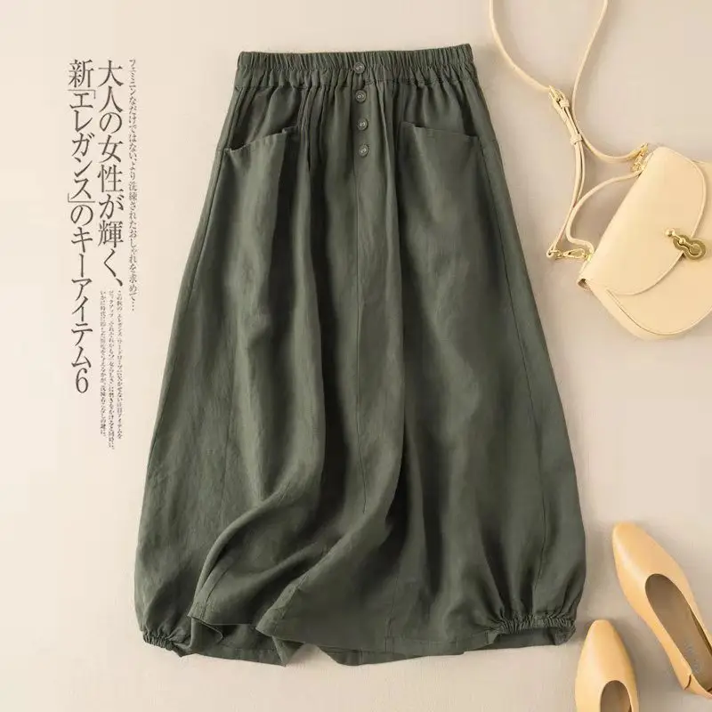 Plus Size Linen Skirt Navy Blue High Waist A Line - Image 6