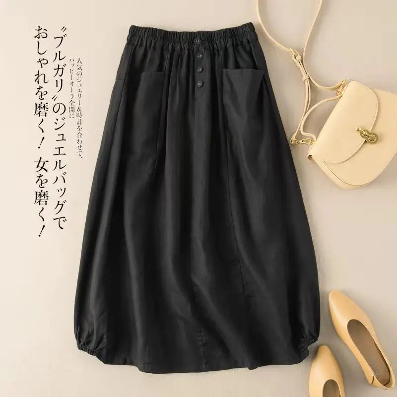 Plus Size Linen Skirt Navy Blue High Waist A Line - Image 7