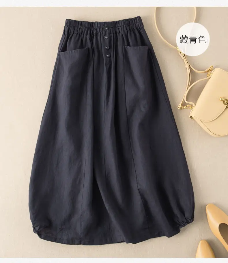 Plus Size Linen Skirt Navy Blue High Waist A Line — feature 11