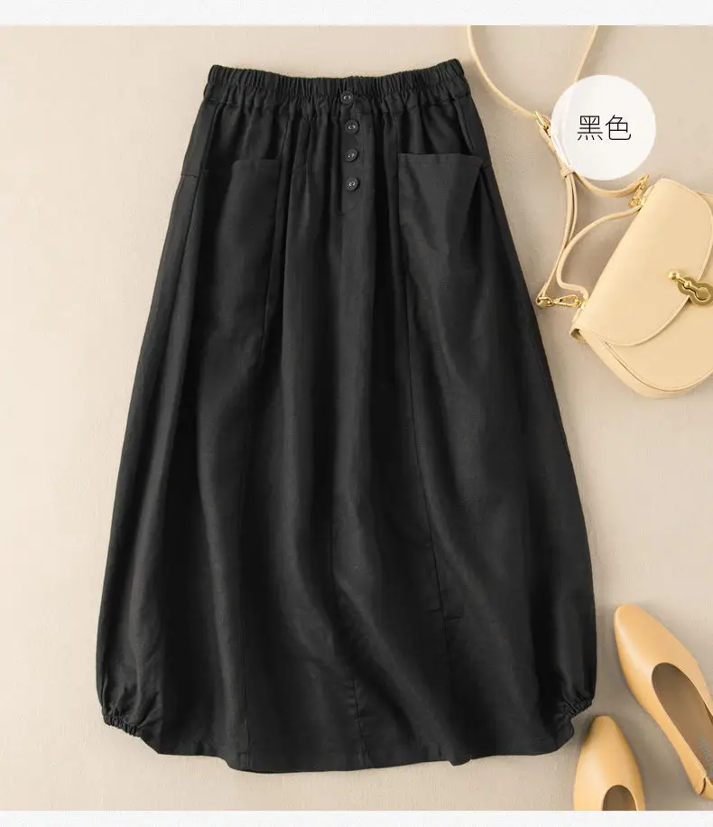 Plus Size Linen Skirt Navy Blue High Waist A Line — feature 17