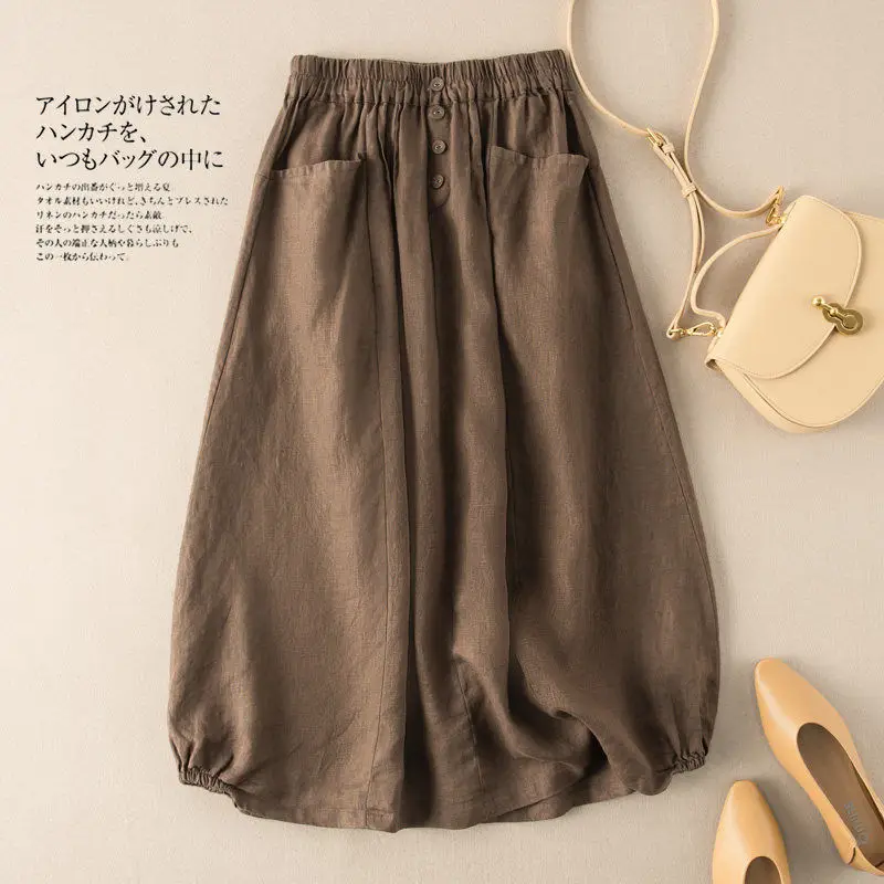 Plus Size Linen Skirt Navy Blue High Waist A Line - Image 2