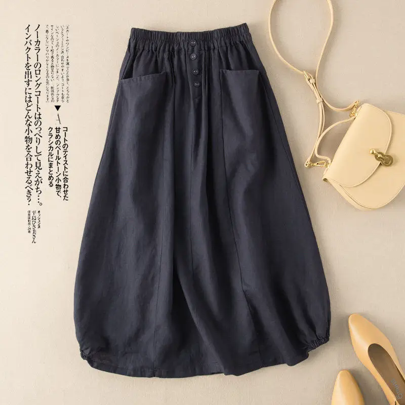 Plus Size Linen Skirt Navy Blue High Waist A Line - Image 4