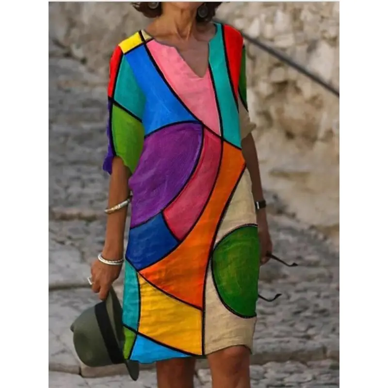 2022 Summer Colorful Print V Neck Pullover Skirt Dress - Image 4