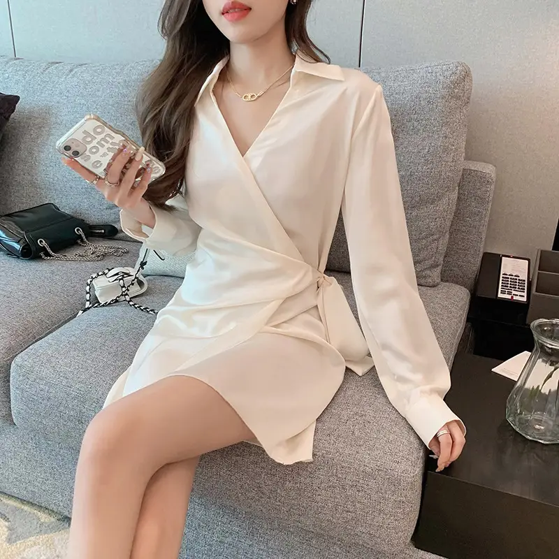 Elegant Lace-Up Lapel Shirt Dress Pearl Short - Image 3