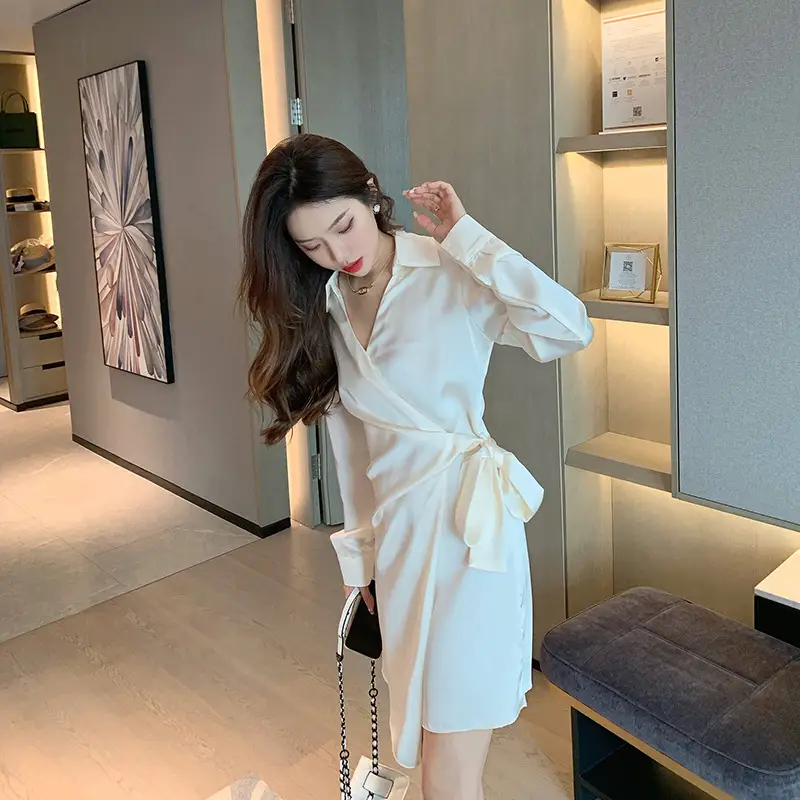 Elegant Lace-Up Lapel Shirt Dress Pearl Short - Image 4
