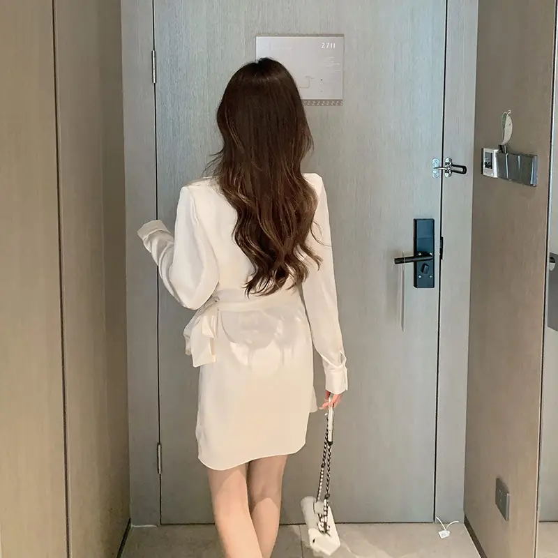 Elegant Lace-Up Lapel Shirt Dress Pearl Short - Image 5