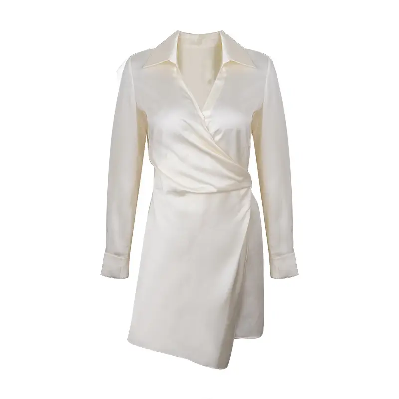 Elegant Lace-Up Lapel Shirt Dress Pearl Short - Image 6
