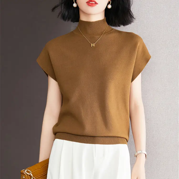 Women Knitted Half-High Collar T-Shirt 2025 Short Sleeve - Image 4