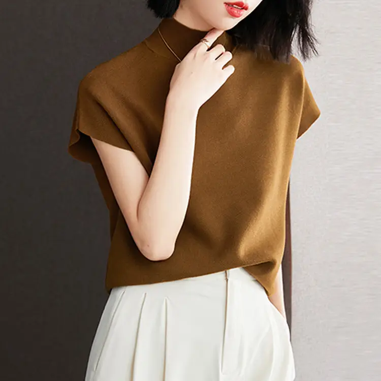 Women Knitted Half-High Collar T-Shirt 2025 Short Sleeve — feature 3