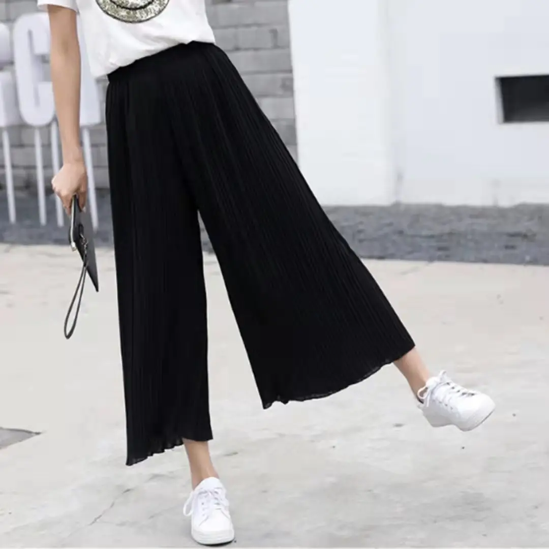 Women Chiffon Pleated Pants Wide Leg Nine Point High Waist - Image 8