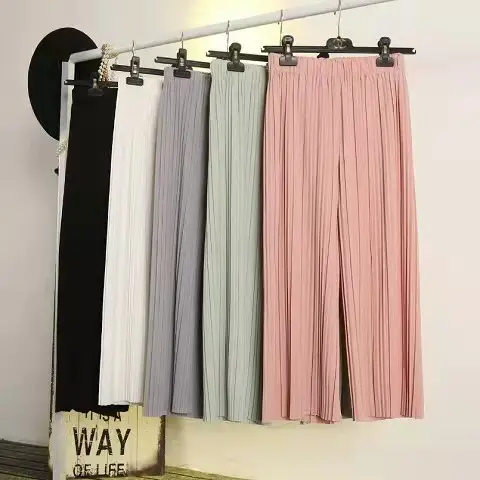 Women Chiffon Pleated Pants Wide Leg Nine Point High Waist - Image 9