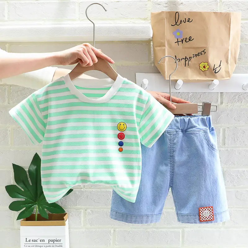 Boys Striped Korean Style Suit Light T-Shirt + Denim Shorts Two-Piece Set - Image 2