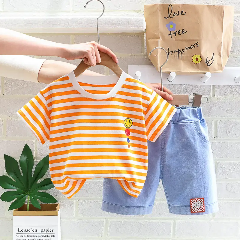 Boys Striped Korean Style Suit Light T-Shirt + Denim Shorts Two-Piece Set - Image 3