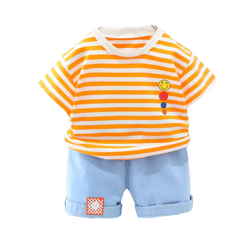 Boys Striped Korean Style Suit Light T-Shirt + Denim Shorts Two-Piece Set - Image 5