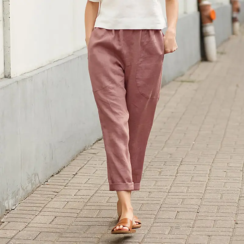 Spring Linen Carrot Pants Plus Size Women Navy Blue - Image 9