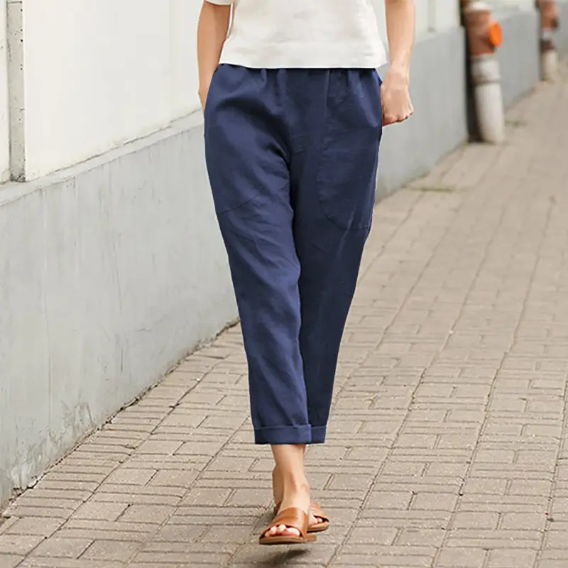 Spring Linen Carrot Pants Plus Size Women Navy Blue - Image 10