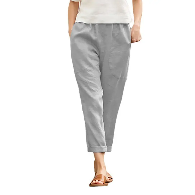 Spring Linen Carrot Pants Plus Size Women Navy Blue - Image 3