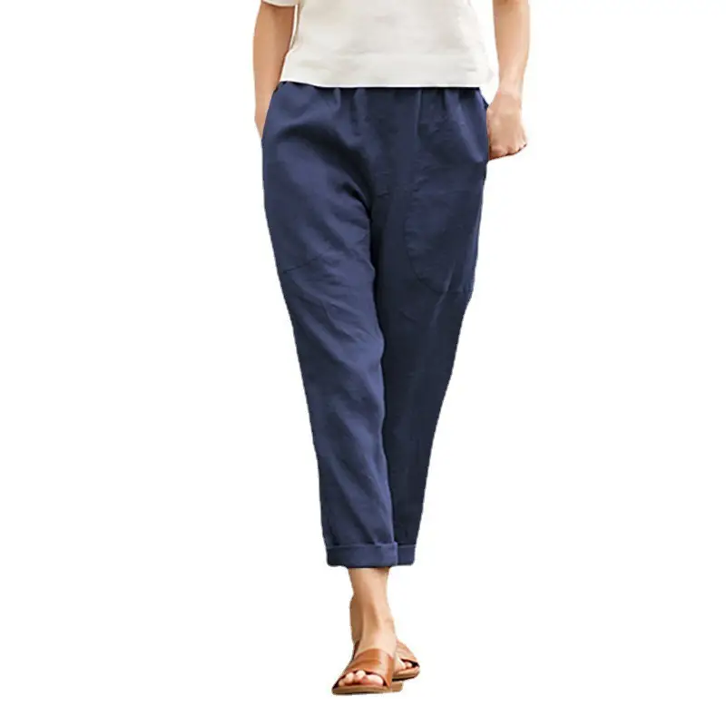 Spring Linen Carrot Pants Plus Size Women Navy Blue - Image 6