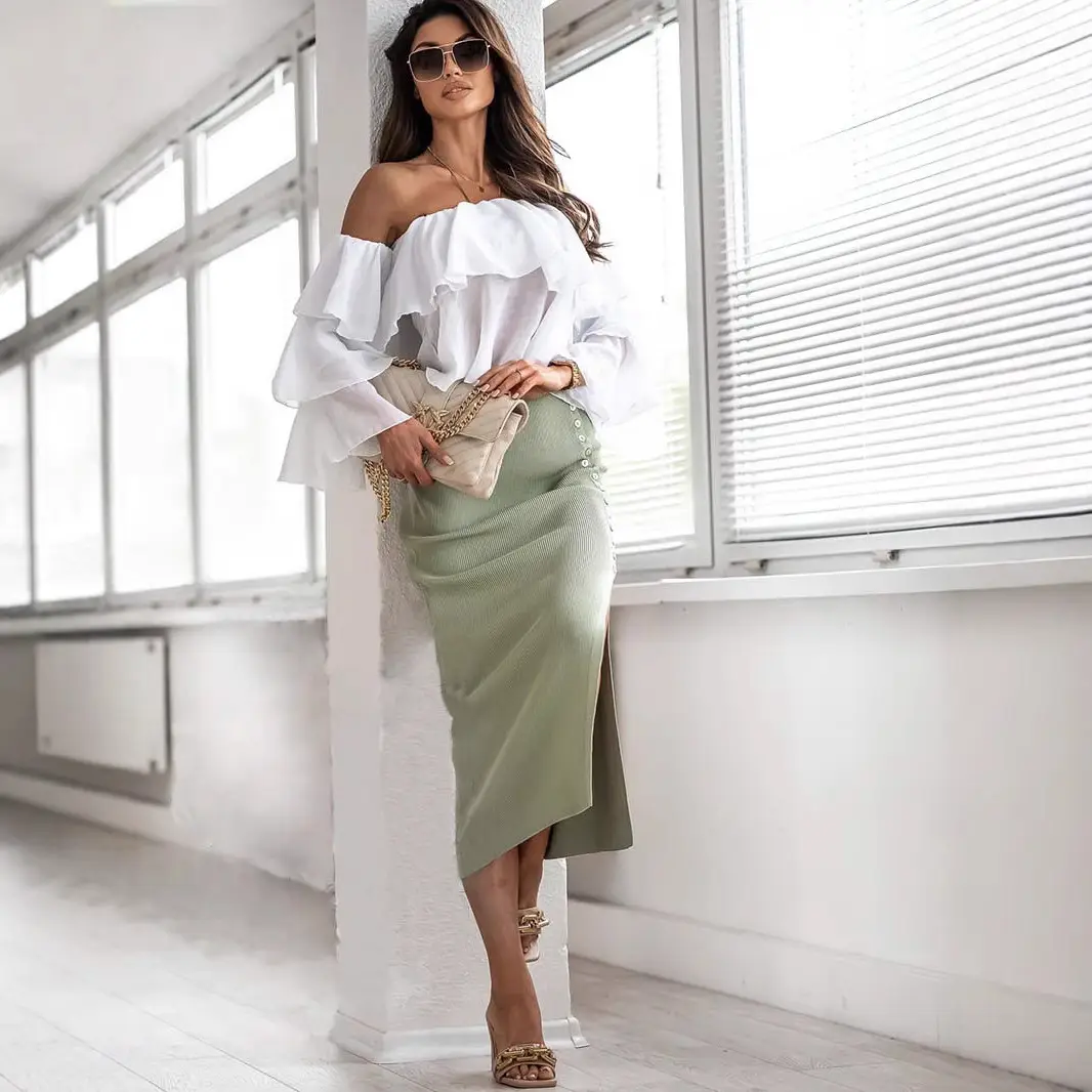 2026 Women Ribbed Knit Slit Skirt Beige - Image 10