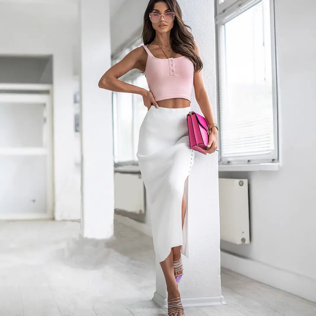 2026 Women Ribbed Knit Slit Skirt Beige - Image 11
