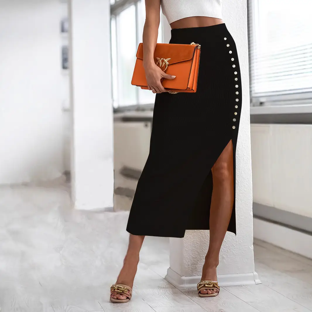 2026 Women Ribbed Knit Slit Skirt Beige - Image 12