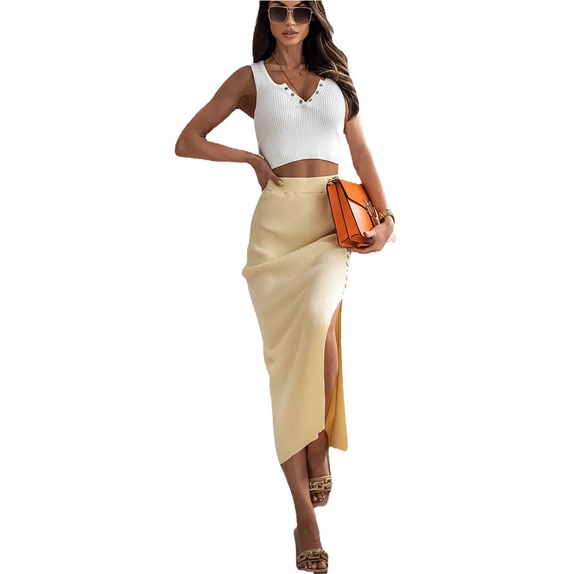 2026 Women Ribbed Knit Slit Skirt Beige - Image 13