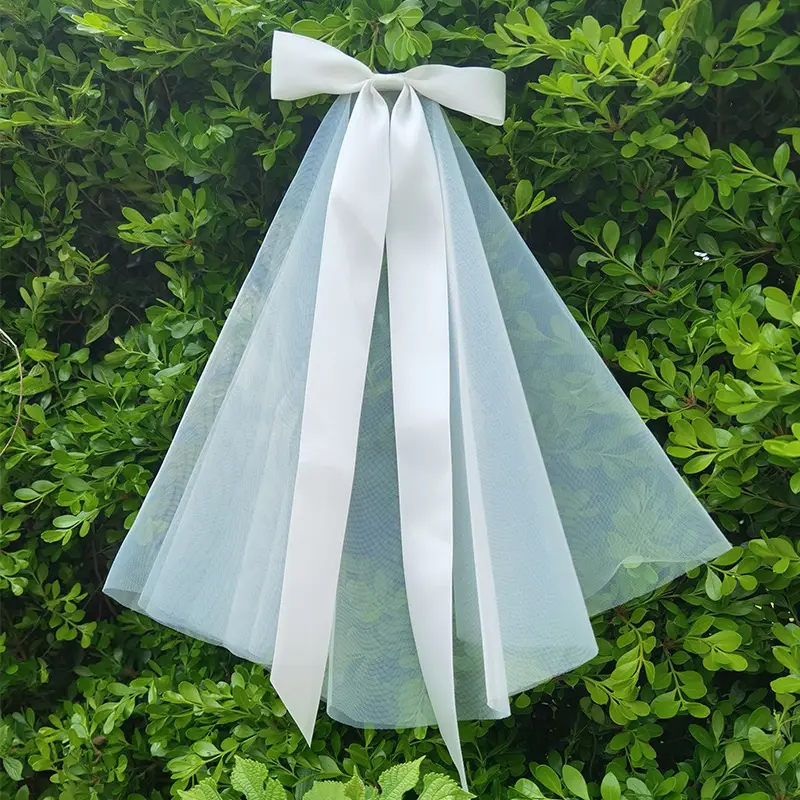 Light Blue Vintage Mori Wedding Veil Bow Small - Image 3