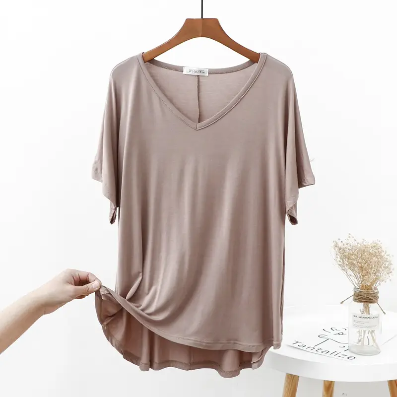 Modal V Neck T-Shirt Loose Large Summer Fat Girls - Image 3