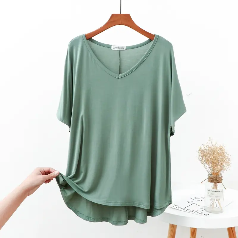 Modal V Neck T-Shirt Loose Large Summer Fat Girls - Image 10