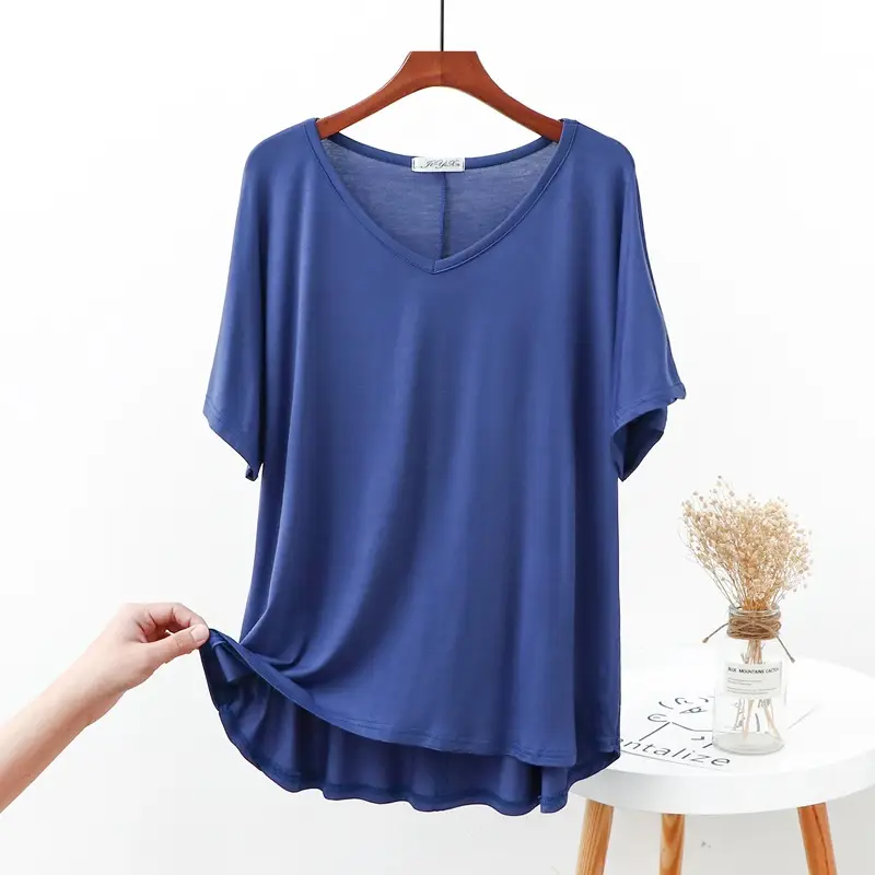 Modal V Neck T-Shirt Loose Large Summer Fat Girls - Image 9