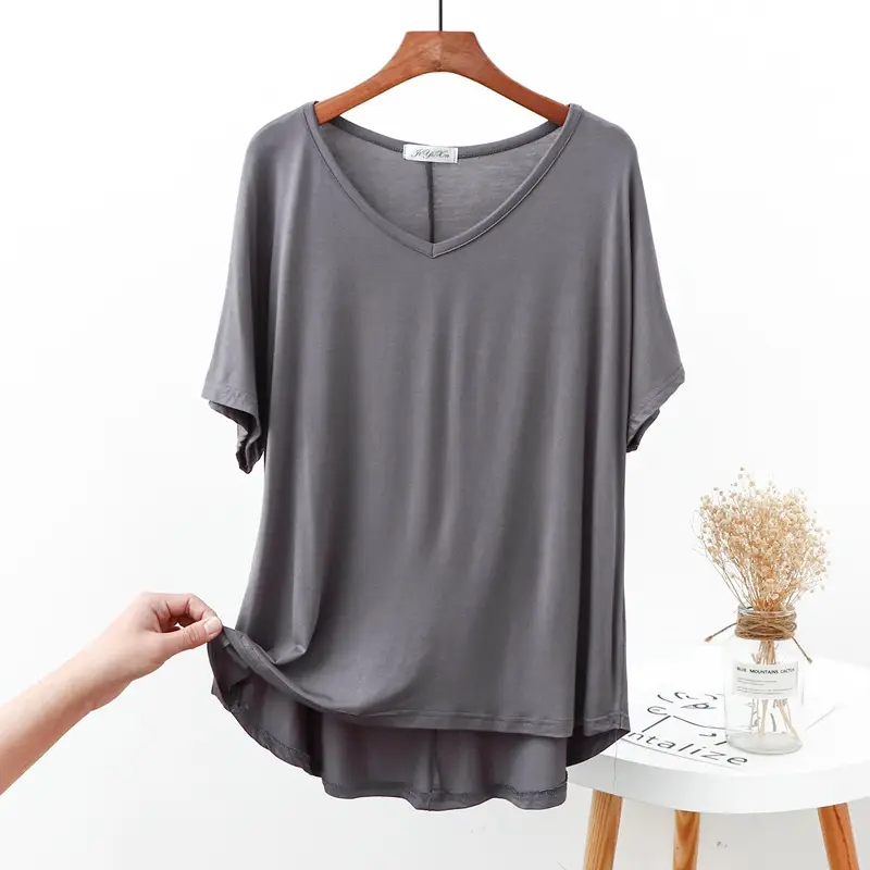 Modal V Neck T-Shirt Loose Large Summer Fat Girls - Image 12