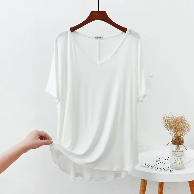 Modal V Neck T-Shirt Loose Large Summer Fat Girls - Image 4