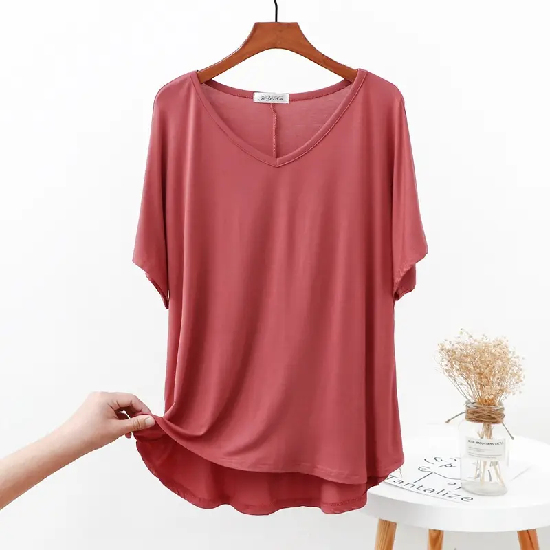 Modal V Neck T-Shirt Loose Large Summer Fat Girls - Image 7
