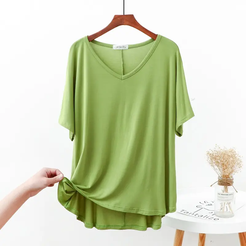 Modal V Neck T-Shirt Loose Large Summer Fat Girls - Image 8