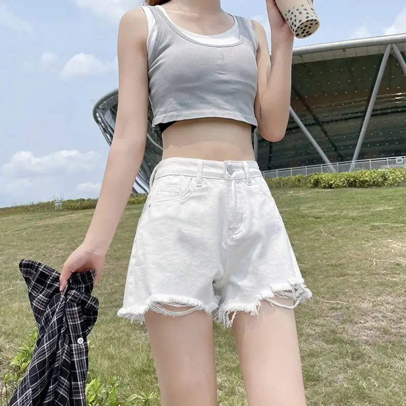 Women White Denim Shorts High Waist Frayed Ripped - Image 6