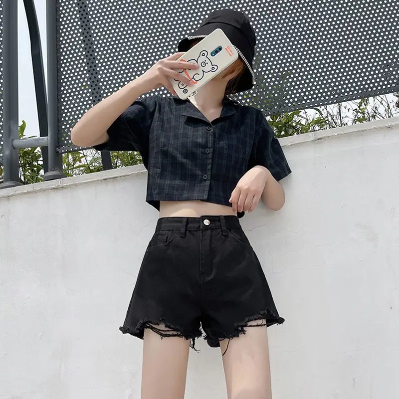 Women White Denim Shorts High Waist Frayed Ripped - Image 2