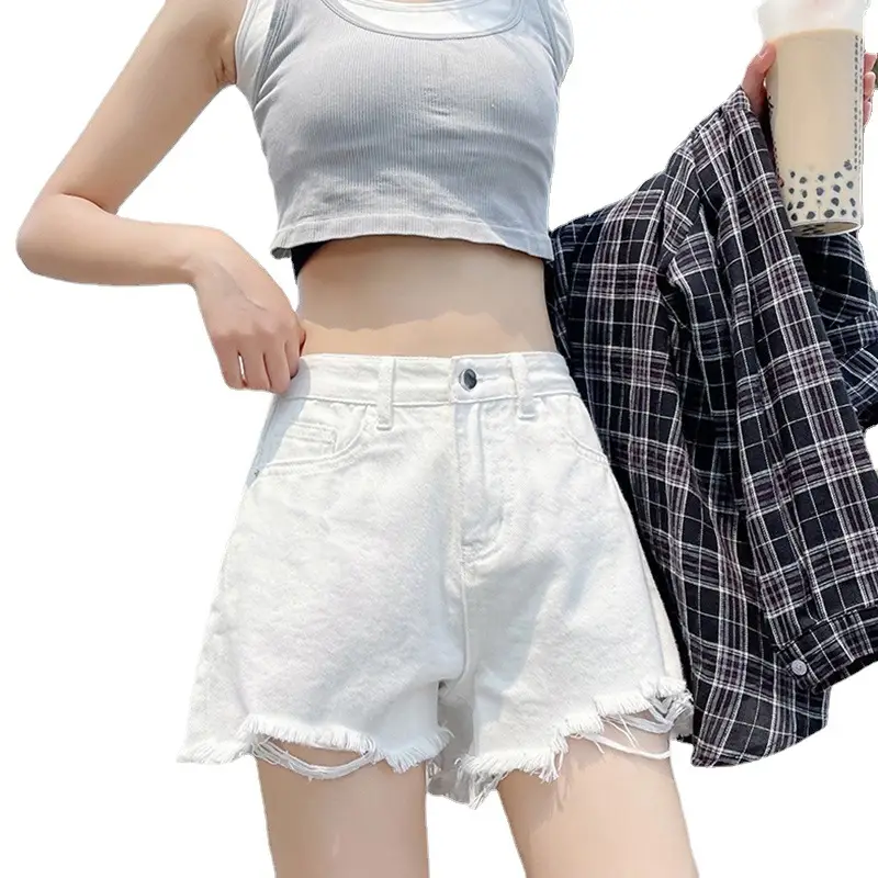 Women White Denim Shorts High Waist Frayed Ripped - Image 8