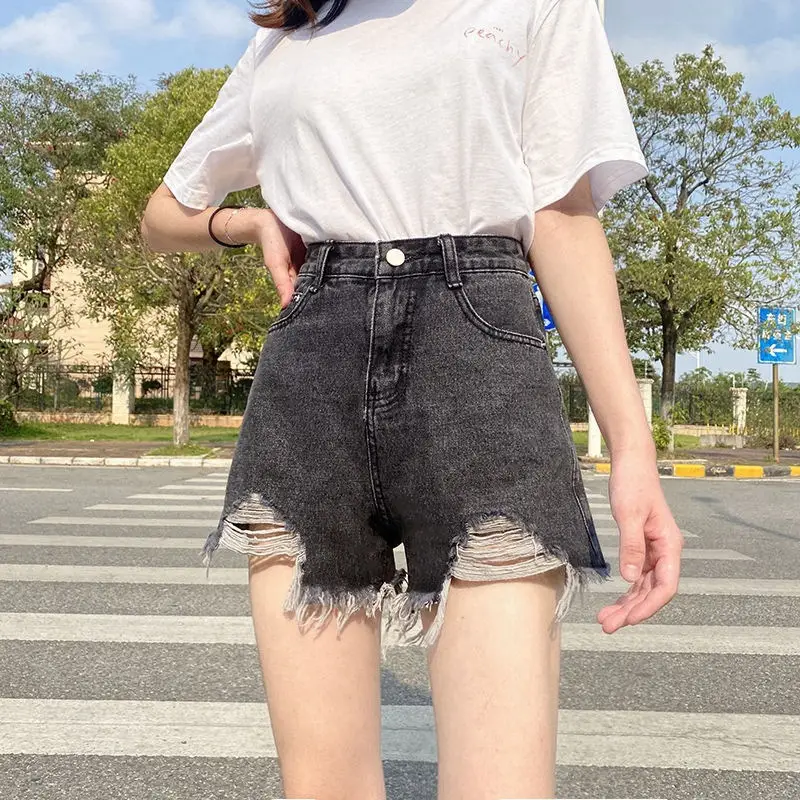 Women White Denim Shorts High Waist Frayed Ripped - Image 3